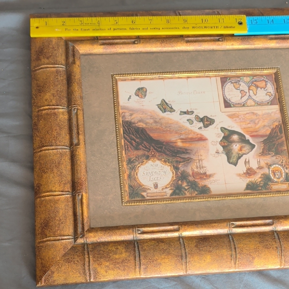 Antique-Style Framed Hawaiian Island Map Wall Art - Gold Brown - Picture 3 of 7